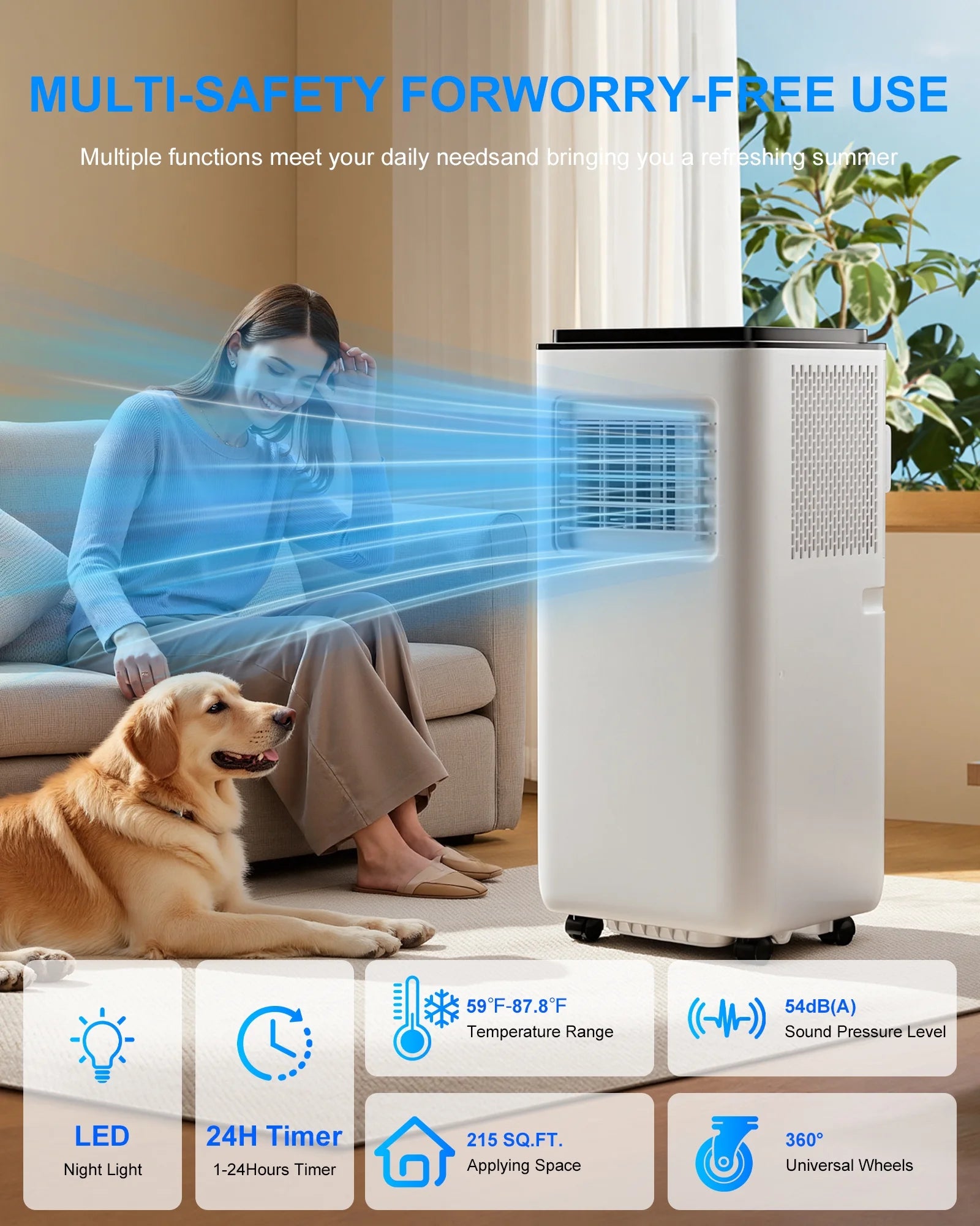 Portable Air Conditioners 10,000 BTU for Rooms up to 450 Sq.Ft. Portable AC, Dehumidifier, 24H Timer, Sleep Mode & Water Level Indication, Remote Control & Window Kit, White & Black