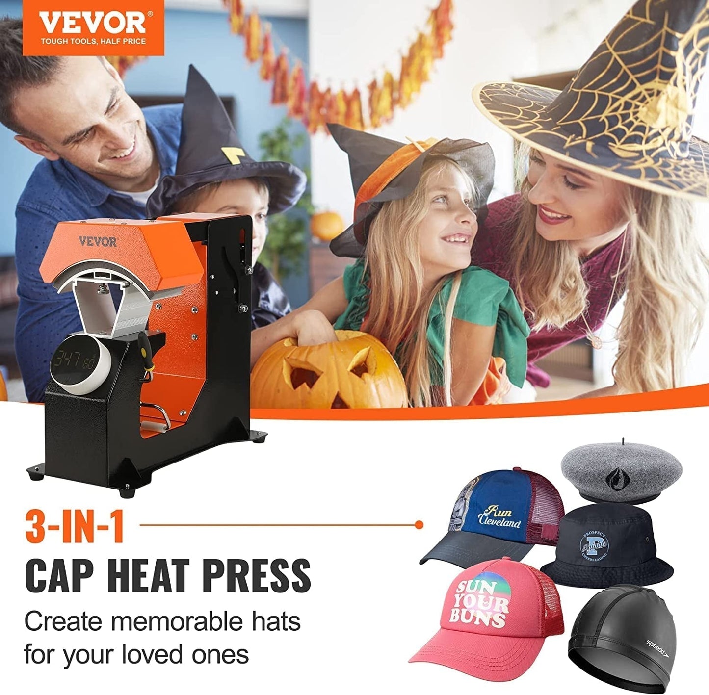 3-In-1 Auto Hat Heat Press with 3Pcs Interchangeable Platens(6.6" X 2.7", 6.6" X 3.8", 6.1" X 3"), Automatic Release&Press Knob-Style Digital Control Panel, Heat Transfer Printing for Caps