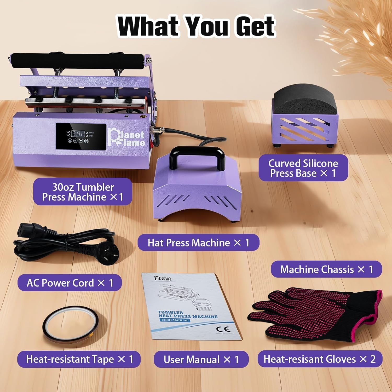 Tumbler and Hat Heat Press Machine, 2-In-1 Combo Machine for Cup and Cap with Gloves and High Temp Heat Resistant Tape for 11Oz-30Oz Sublimation Tumbler and All Caps, Purple