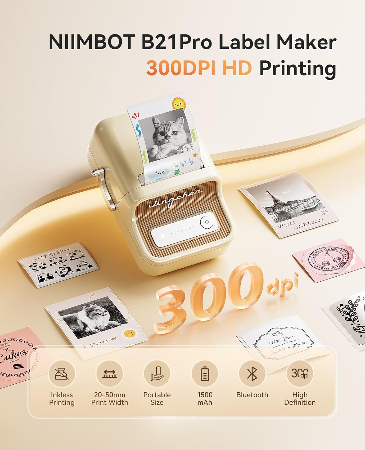 NIIMBOT Sticker Printer, B21 Pro Portabel Sticker Maker, Bluetooth Label Maker, 300DPI HD Label Printer for Photos, Notes, Study Graphics, Memo Maker,50X30Mm Label(White)