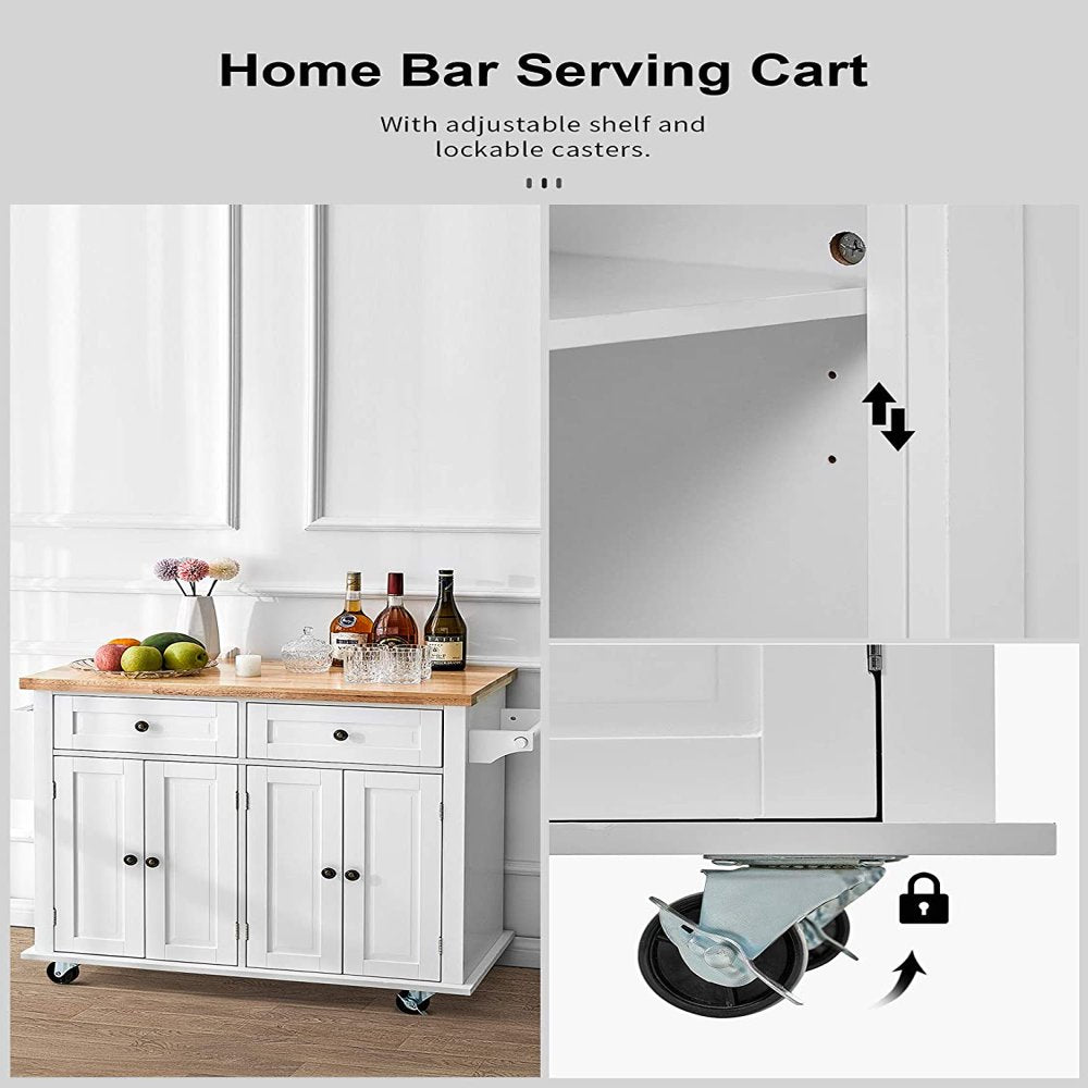 35.5'' Kitchen Island Cart on Wheels, 2 Drawers Storage Cabinet Kitchen Cart with Rubberwood Countertop, Lockable Casters, White