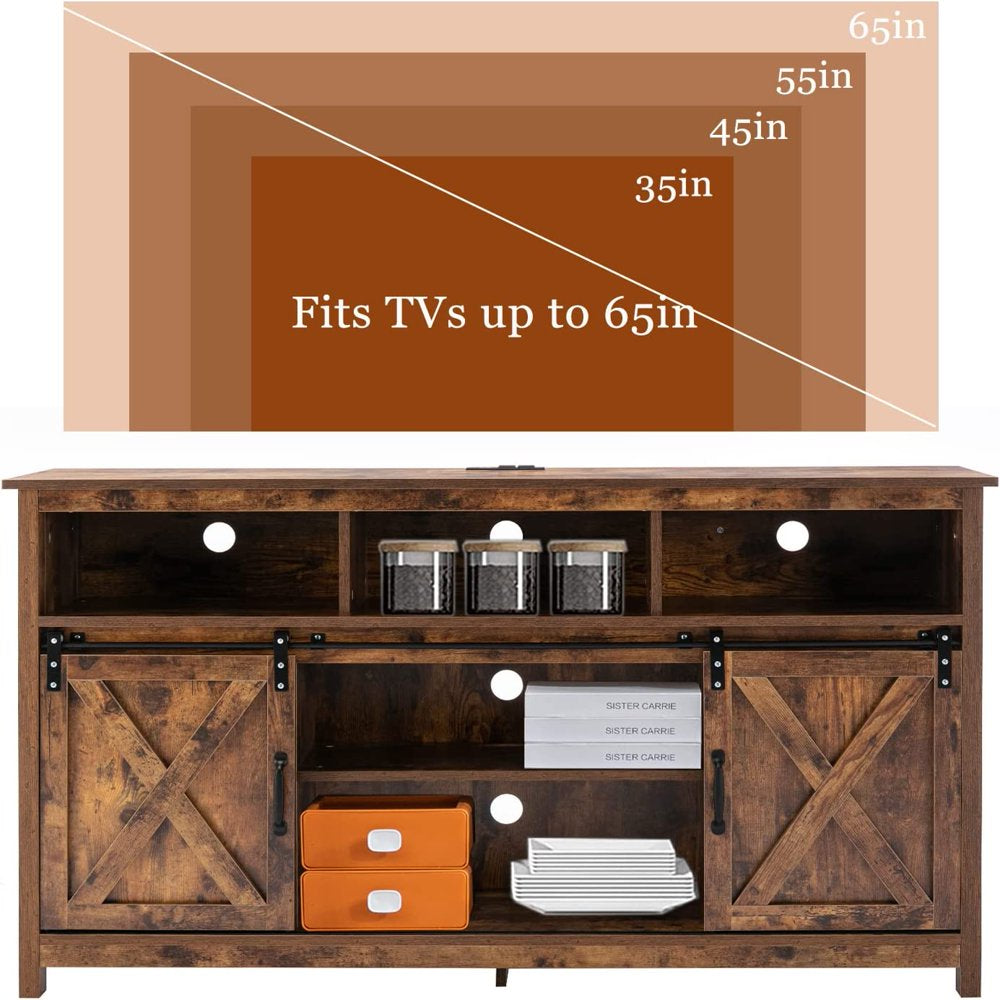 4 Layer Farmhouse Coffee Bar Cabinet with Power Outlet & LED Light, 57" Barn Door Buffet Cabinet Kitchen Storage with Adjustable Shelves(Brown)