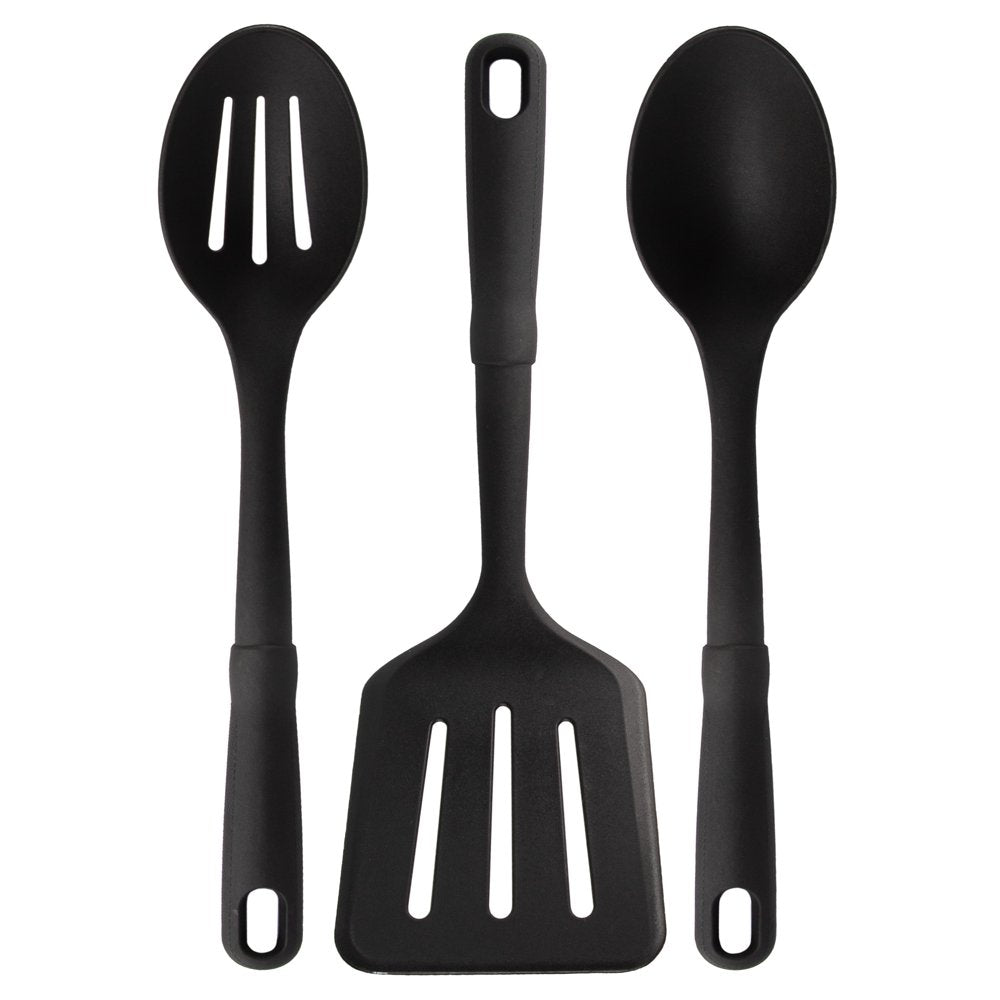 3-Piece Kitchen Utensil Set, Slotted Spatula, Slotted Spoon and Solid Spoon, Black, Nylon