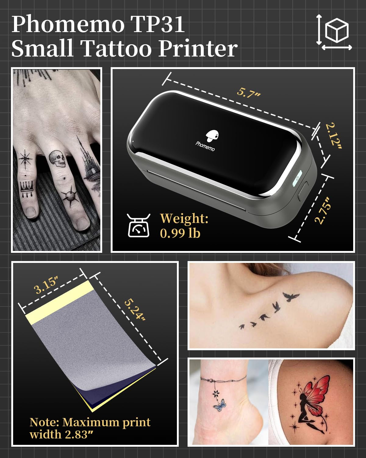 Phomemo Tattoo Transfer Paper for TP31 Mini Tattoo Stencil Printer, 100 Sheets Stencil Paper for Tattoo Supplies Kit, 3.15" X 5.24", Compatible with 3 Inch Tattoo Printer