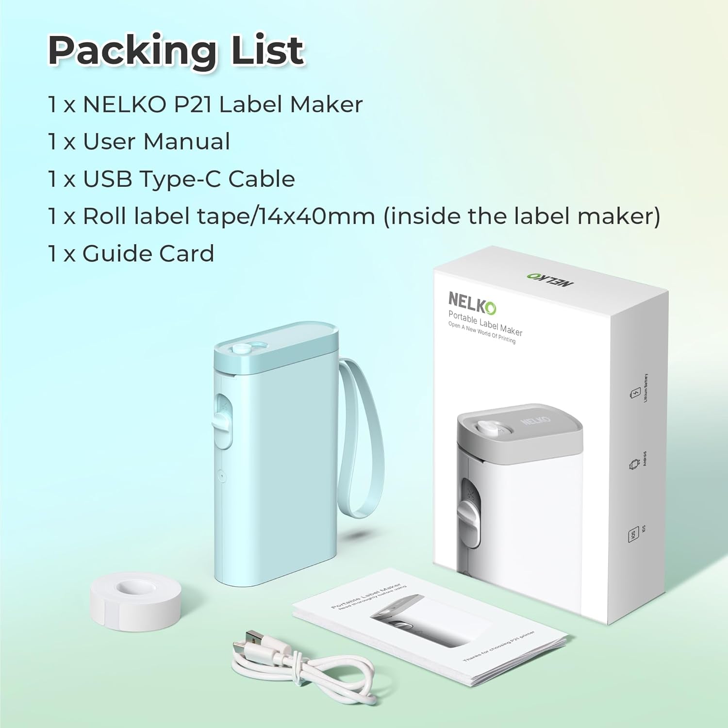 Nelko Label Maker Machine with Tape, P21 Bluetooth Label Printer, Wireless Mini Label Makers with Multiple Templates for School Office Home, Cyan