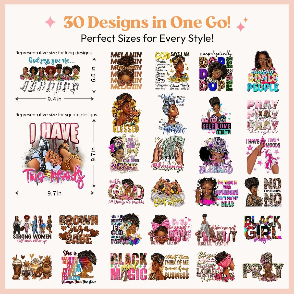 Kaciola 30 Sheets Black Girl DTF Transfers Ready to Press, Black Women Iron on Transfers for T Shirts Washable Stickers Iron on Decals for T Shirts Hoodie DIY Crafts