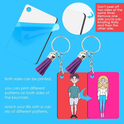 Sublimation Keychain Blanks - 120Pcs with Blue Protective Film - MDF Rectangle Keychain with Tassels - Heat Transfer Double Sided