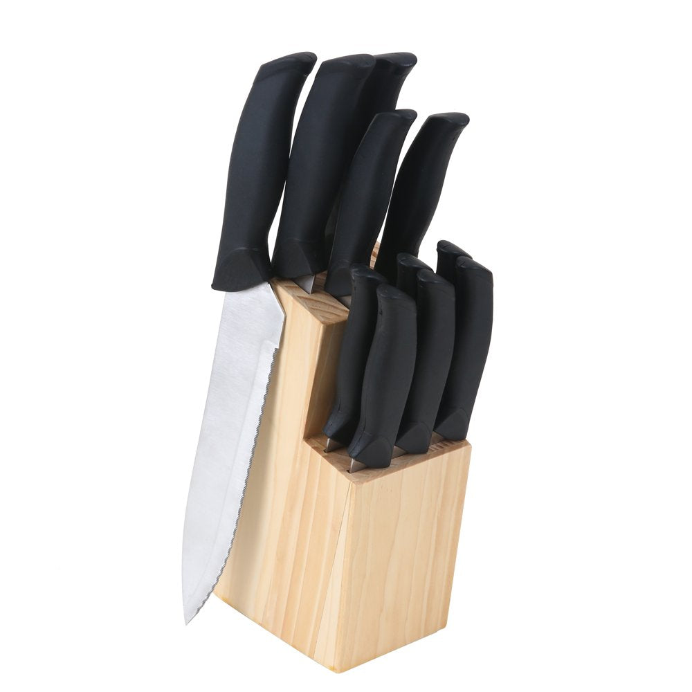 12 Piece Cutlery Set with Soft Grip Handles and Wood Storage Block