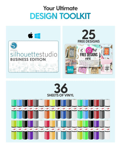 Cameo 4 Black Bundle with Vinyl Starter Kit, Heat Transfer Starter Kit, 2 Autoblade-2, 24 Pack of Pens, CC Vinyl Tool Kit, 120, and Access to Ebooks, Tutorials, Classes.