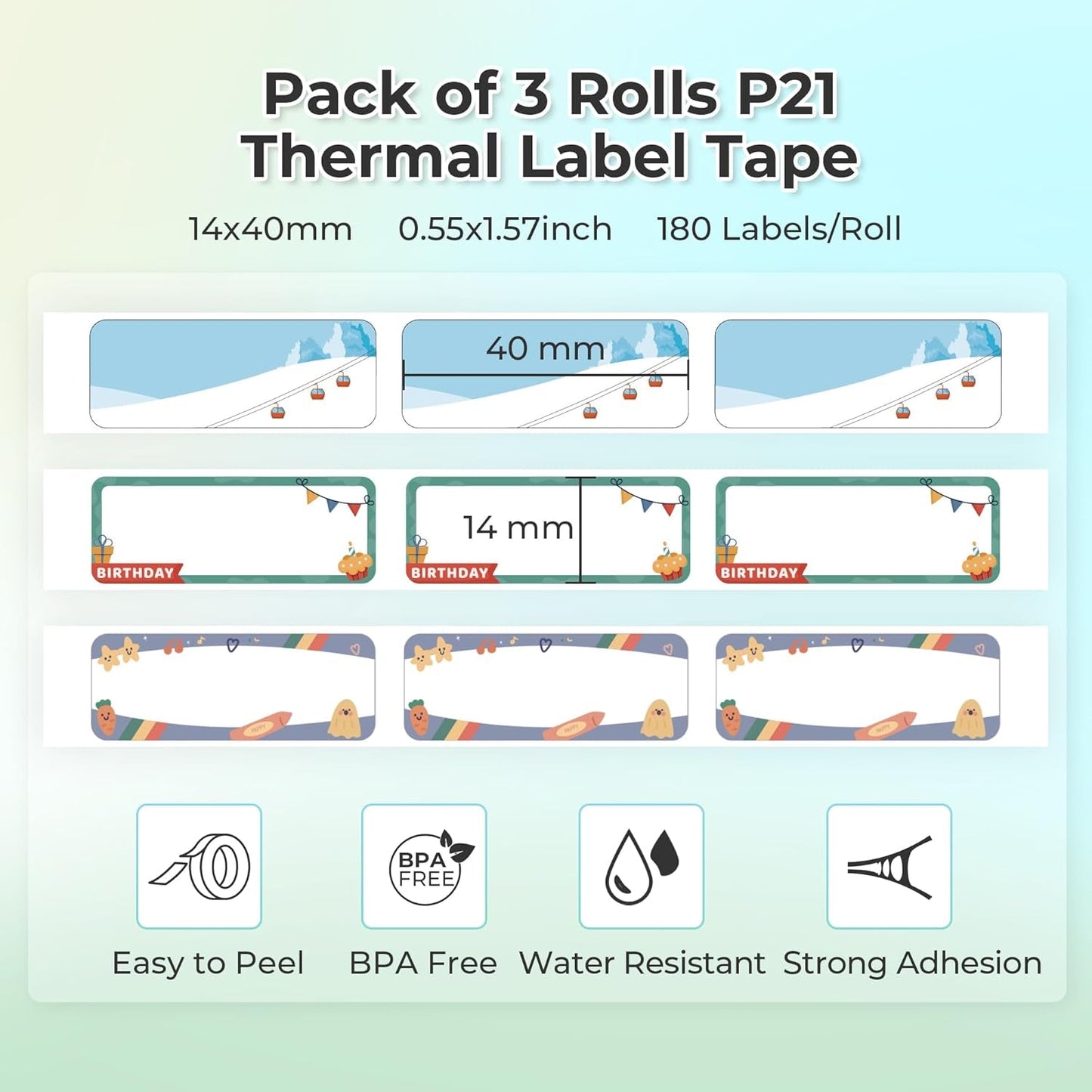 NELKO Genuine P21 Label Maker Tape, Adapted Label Print Paper, 14X40Mm (0.55Inx1.57In), Standard Laminated Labeling Replacement, Multipurpose of P21, 180 Tapes/Roll, 3-Roll, Birthday Theme