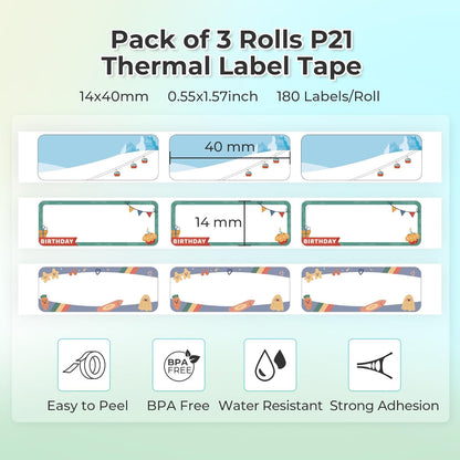 NELKO Genuine P21 Label Maker Tape, Adapted Label Print Paper, 14X40Mm (0.55Inx1.57In), Standard Laminated Labeling Replacement, Multipurpose of P21, 180 Tapes/Roll, 3-Roll, Birthday Theme
