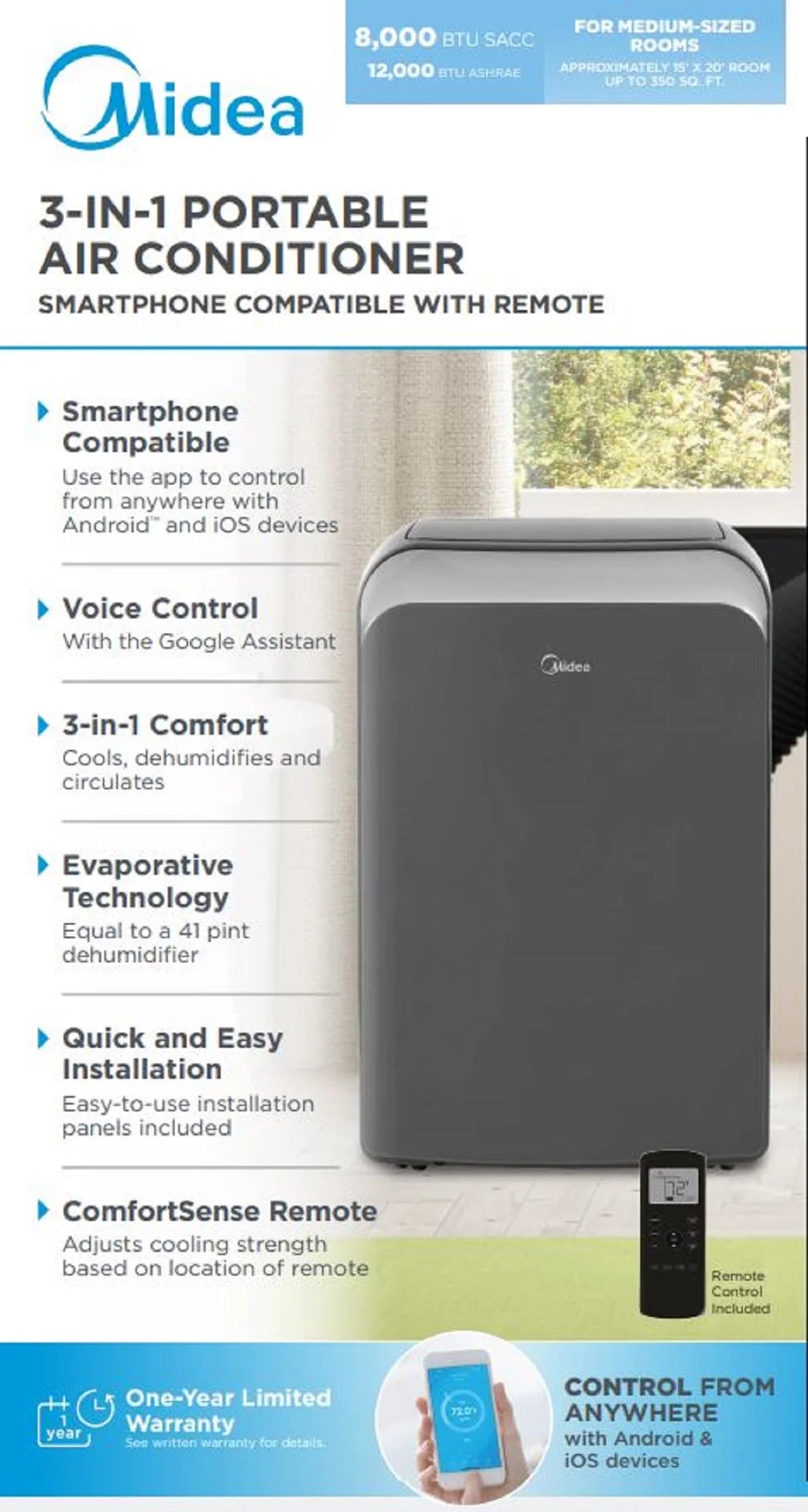 8,000 BTU Portable Air Conditioner, 3-In-1 Dehumidifier, Fan, Cool, Comfortsense Remote, Wi-Fi and Alexa, Gray