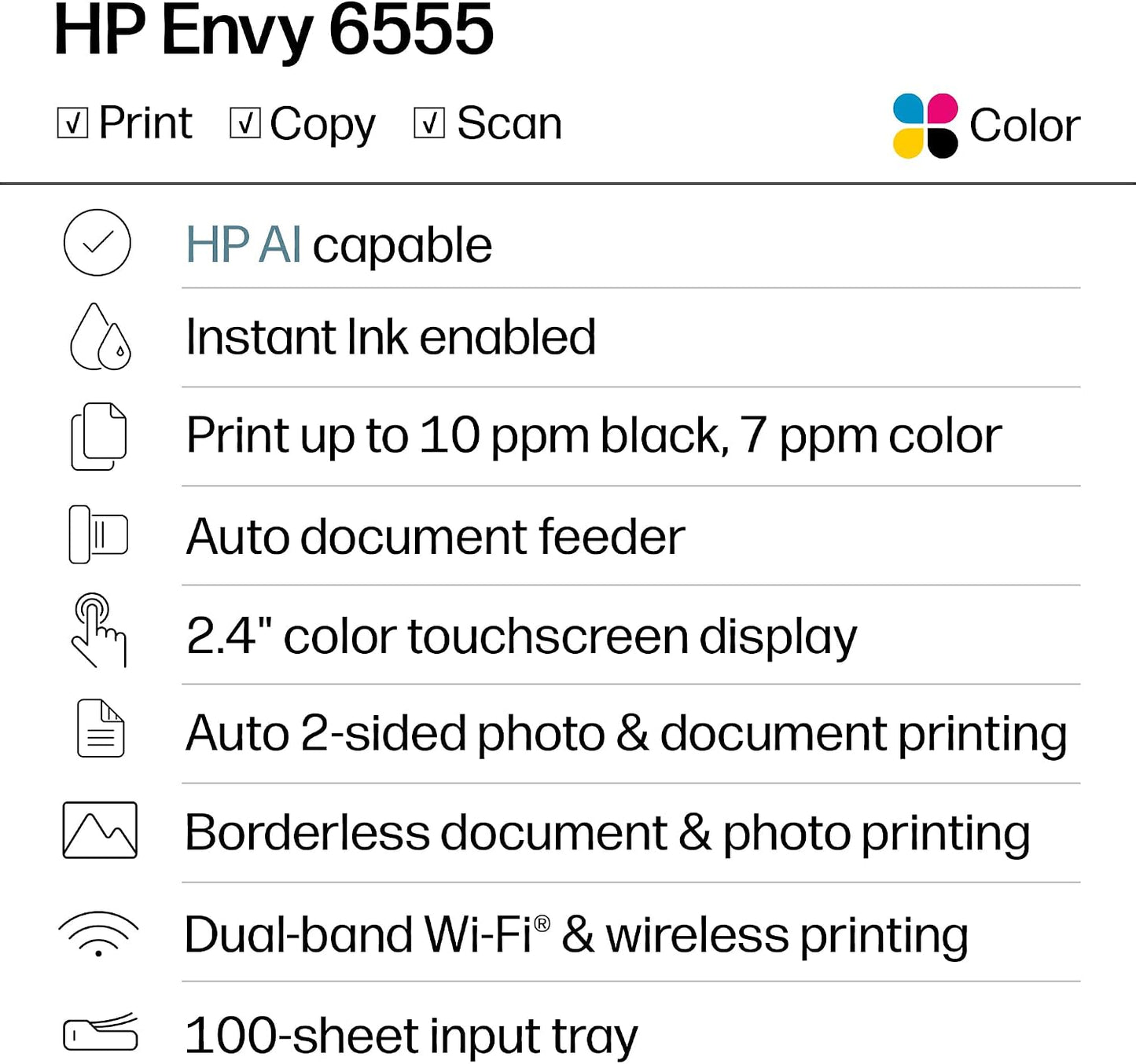 HP Envy 6555 Wireless All-In-One Color Inkjet Printer, Print, Scan, Copy, Duplex Printing Best-For-Home, 3 Month Trial of Instant Ink Included, Ai-Capable (C2XR6A) Portobello