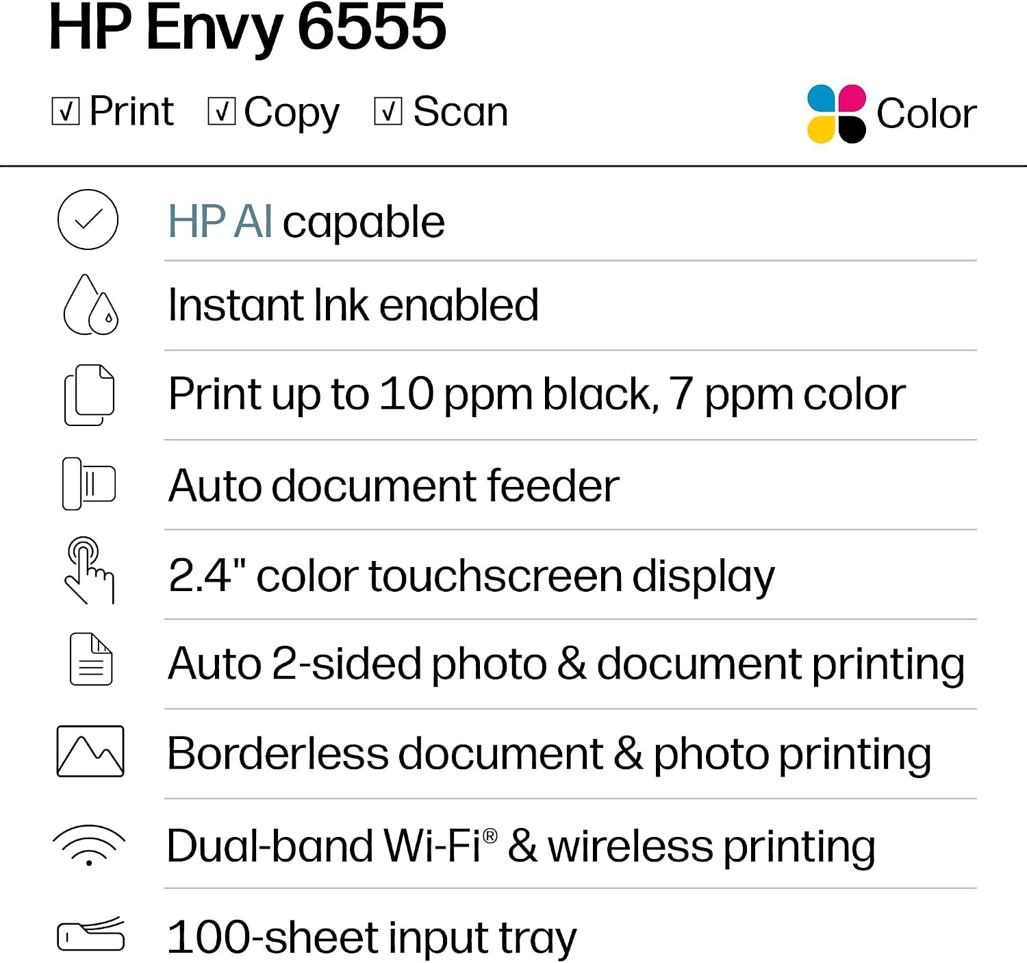 HP Envy 6555 Wireless All-In-One Color Inkjet Printer, Print, Scan, Copy, Duplex Printing Best-For-Home, 3 Month Trial of Instant Ink Included, Ai-Capable (C2XR6A) Portobello