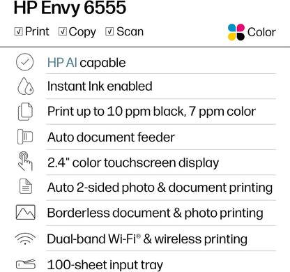 HP Envy 6555 Wireless All-In-One Color Inkjet Printer, Print, Scan, Copy, Duplex Printing Best-For-Home, 3 Month Trial of Instant Ink Included, Ai-Capable (C2XR6A) Portobello