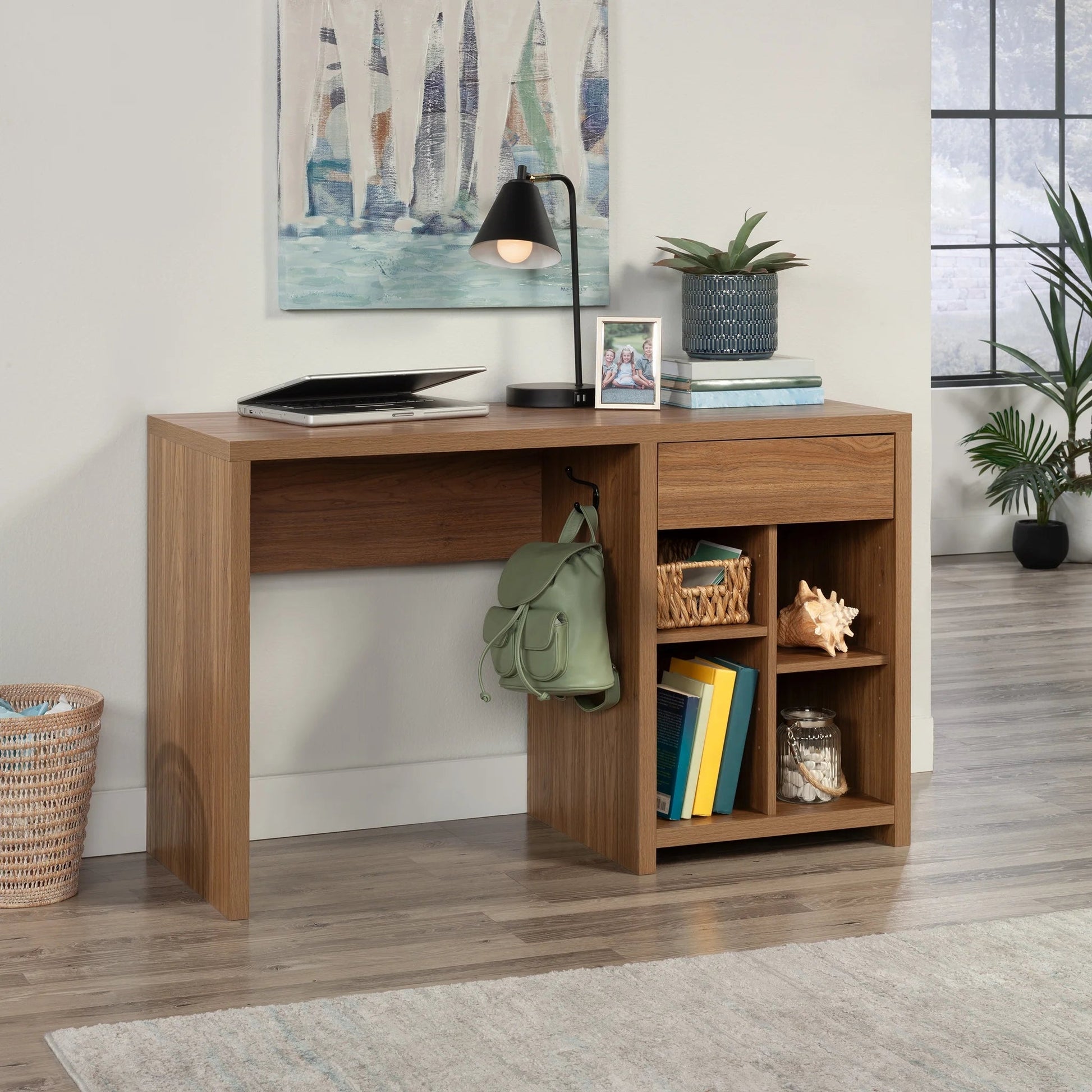 Westley Adjustable Shelf Desk with Gaming Headphone Hook and Cable Management, Warm Walnut Finish