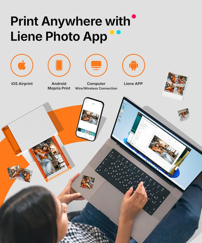 Liene Amber M110 Bluetooth Photo Printer 80 Sheets, Portable Photo Printer for Iphone, Thermal Dye Sublimation, Picture Printer 60 Sheets 4X6 Paper & 20 Sheets 3" Square Sticker Paper & 2 Cartridges