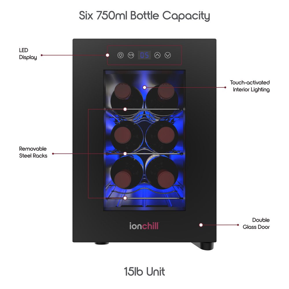 6-Bottle Wine Cooler, New Standard Door Mini Fridge with Wine Rack and Temp. Control, 9.75In