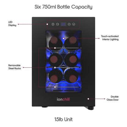 6-Bottle Wine Cooler, New Standard Door Mini Fridge with Wine Rack and Temp. Control, 9.75In