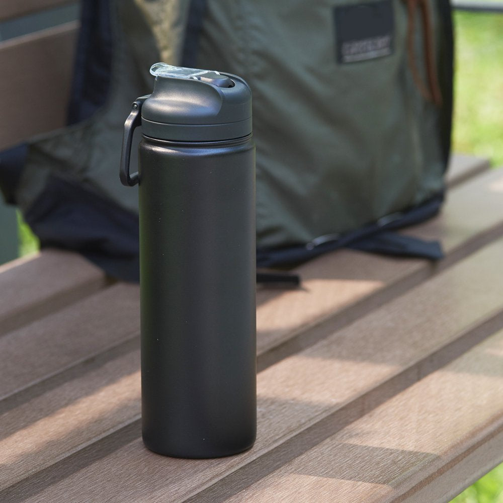 24 Fl Oz Rich Black Solid Print Insulated Stainless Steel Water Bottle with Flip-Top Lid