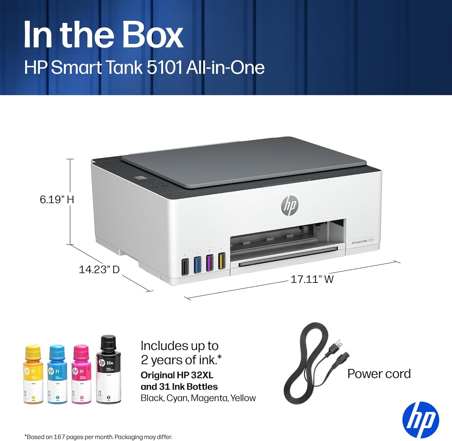 HP Smart Tank 5101 Wireless All-In-One Refillable Printer, Scanner, Copier with 2 Years of Ink Included, Wireless (2.4Ghz Only) Printer-For-Home Use (1F3Y0A)