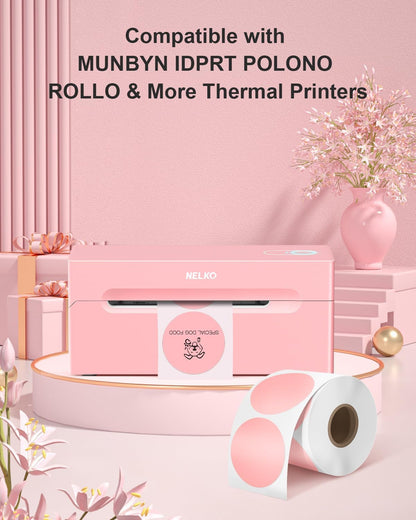 Nelko Genuine 2 Inch Pink Circle Thermal Stickers Labels, Compatible with Nelko PL70E Label Printer, Self-Adhesive for Small Businesses, DIY Logo Design, Customized Stickers, QR Code 750 Labels/Roll