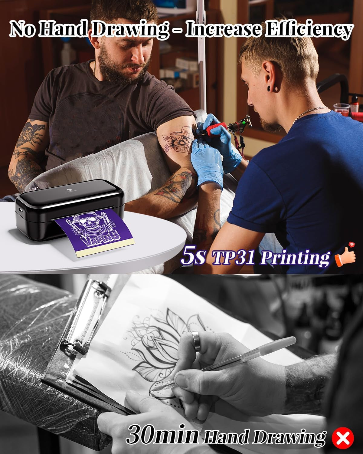 Phomemo Tattoo Stencil Printer -TP31 Mini Tattoo Maker with 30Pcs Transfer Paper,Small Portable Tattoo Machine for Beginners/Enthusiast/Artists,Easy to Use with Smartphone,Pad- Black