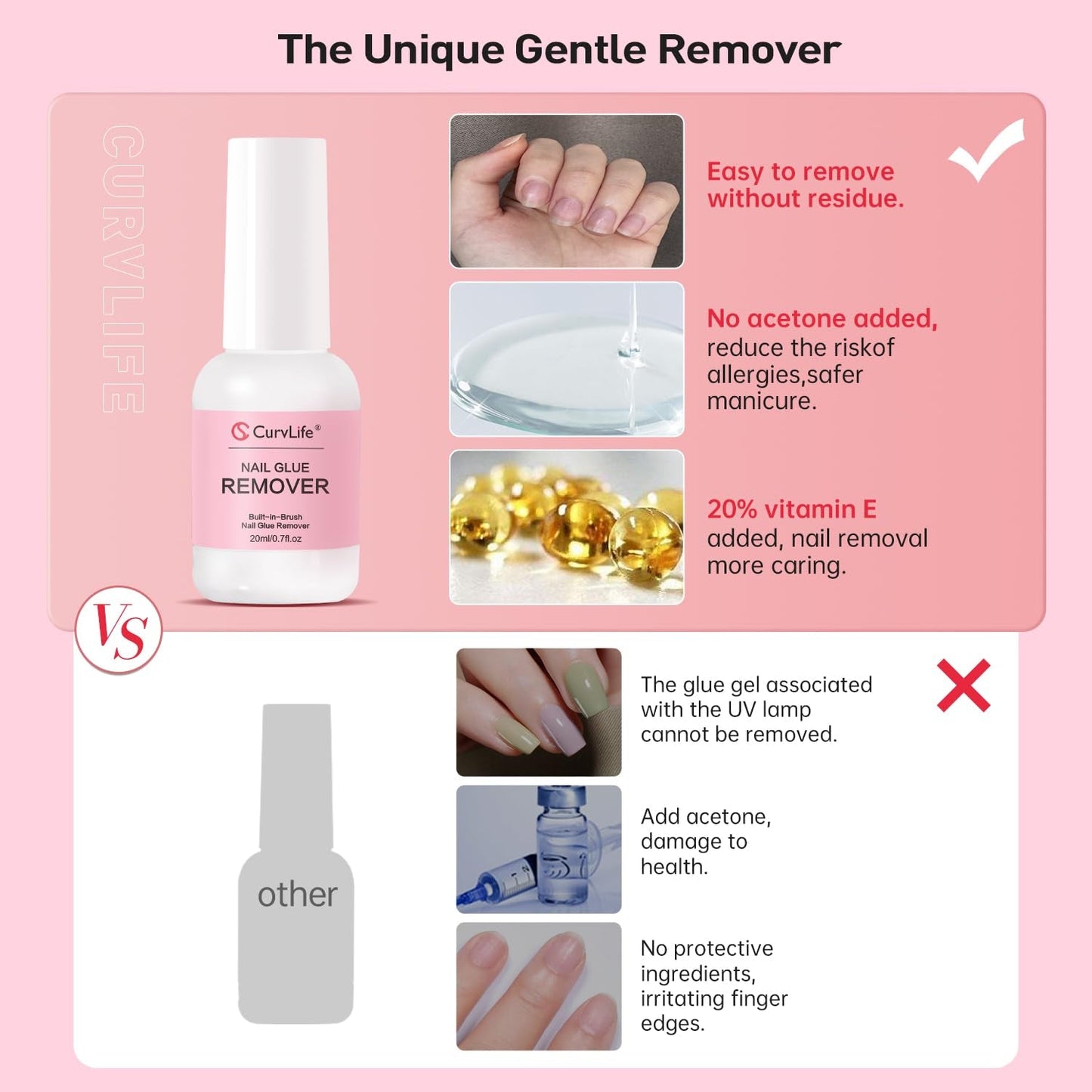 Curvlife Multi-Functional Brush-On Nail Glue Remover 20Ml for Press on and Fake Nails - Cuticle Pusher for Women