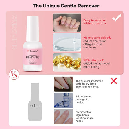 Curvlife Multi-Functional Brush-On Nail Glue Remover 20Ml for Press on and Fake Nails - Cuticle Pusher for Women