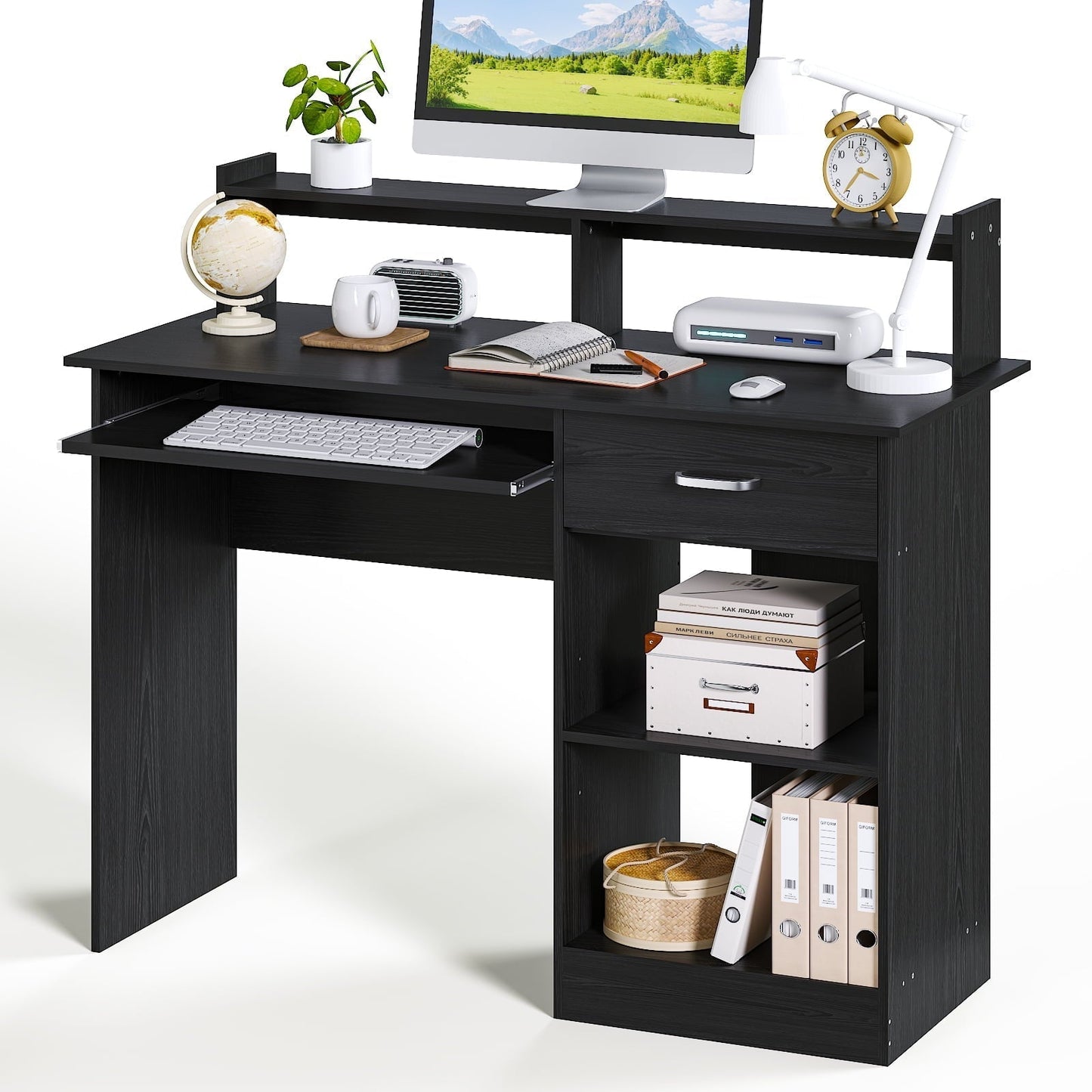 Wood Computer Desk Office Black Laptop PC Work Table Home Drawer & Keyboard Tray