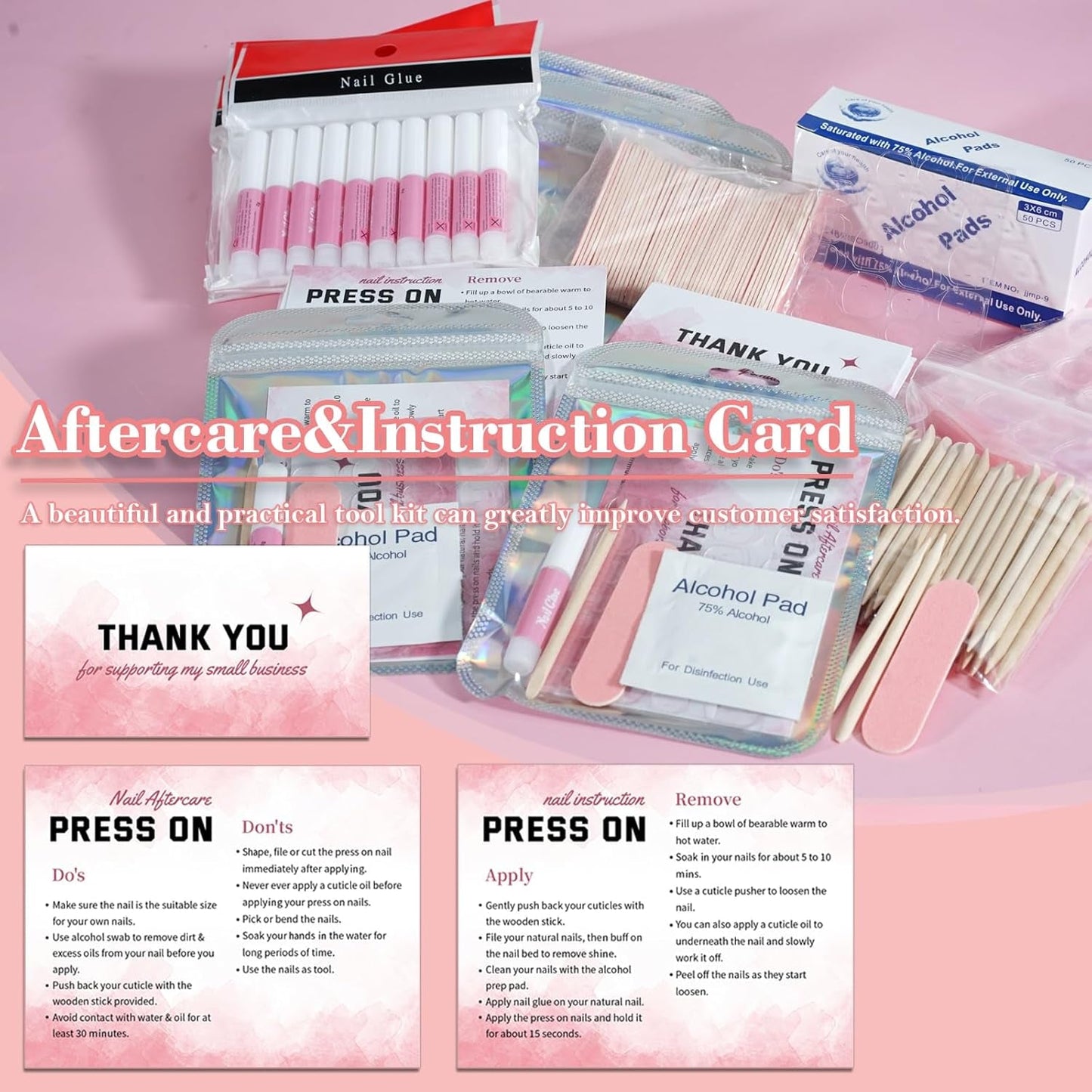 Press on Nail Tool Kit for Nail Business, Nail Prep Application Disposable Kit with Nail File, Nail Glue, Prep Pads, Instruction Card, Adhesive Nail Tabs, Wood Stick, Holographic Bag (20Pcs in Pink)