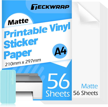 Printable Vinyl Sticker Paper for Inkjet Printer, Matte Inkjet Printable Vinyl, 8.26" X 11.69" A4 56 Sheets/Pack Photo Paper for Craft Scrap-Booking, Stickers, Labels