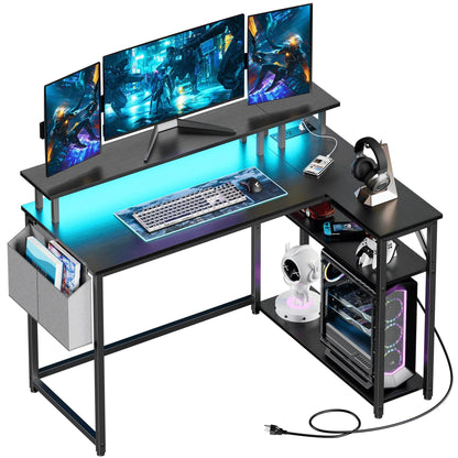 L-Shaped Office Desk with Power Outlets & LED Lights, 47" Computer Desk with Monitor Stand, Black