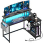 L-Shaped Office Desk with Power Outlets & LED Lights, 47" Computer Desk with Monitor Stand, Black