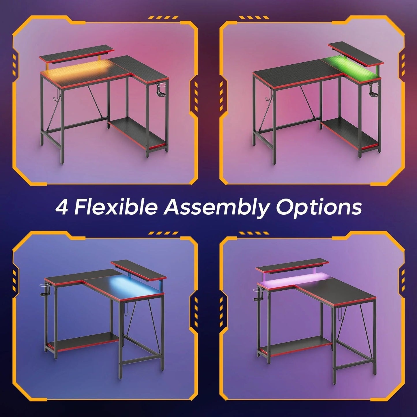 42" Reversible L-Shaped Gaming Desk with Monitor Stand, LED Lights& Headset Hooks, Home Office, Carbon Fiber Black