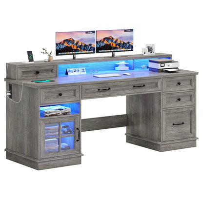 59" Computer Desk with 5 Drawers and Charging Station, Farmhouse Office Desk for Home Office, Gray