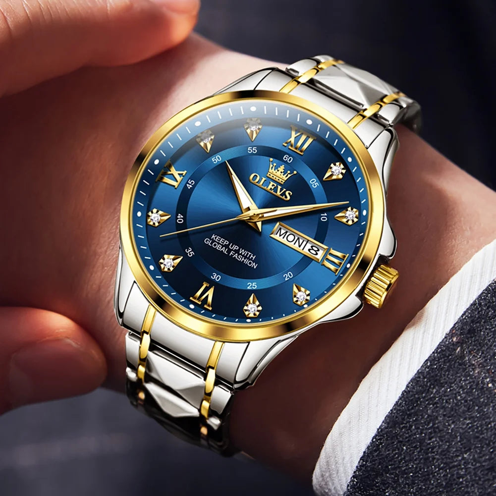 Watches for Men Business Dress Diamond Analog Quartz Date Luxury Classic Casual Stainless Steel Waterproof Luminous Mens Wrist Watches Gifts Reloj Para Hombre Blue/Gold/Black Dial