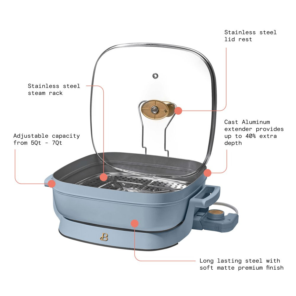 5 in 1 Electric Skillet - Expandable up to 7 Qt with Glass Lid, Cornflower Blue by Drew Barrymore