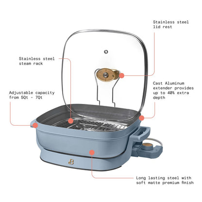 5 in 1 Electric Skillet - Expandable up to 7 Qt with Glass Lid, Cornflower Blue by Drew Barrymore