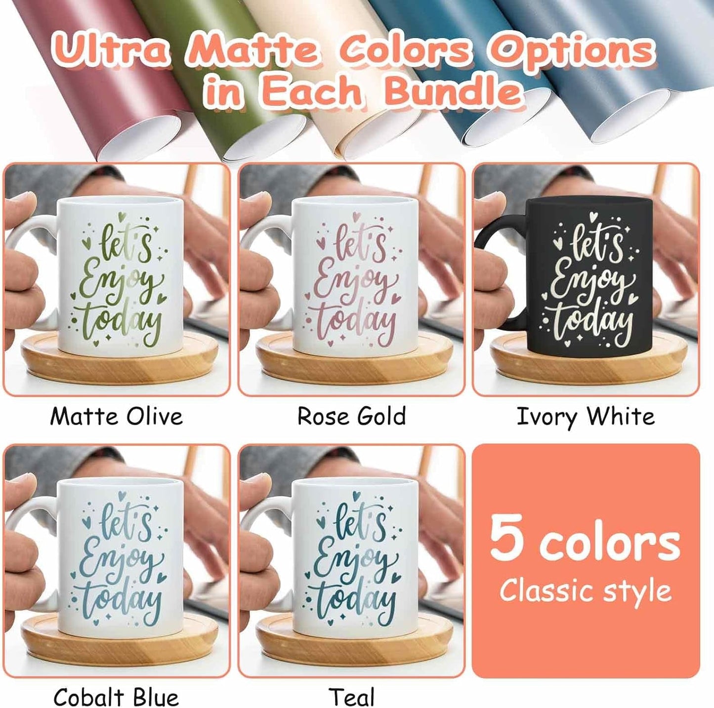 Permanent Adhesive Vinyl Bundle for Crafting Cutter 12" X 36"/Rolls (Matte Olive,Rose Gold,Ivory White,Cobalt Blue,Teal)