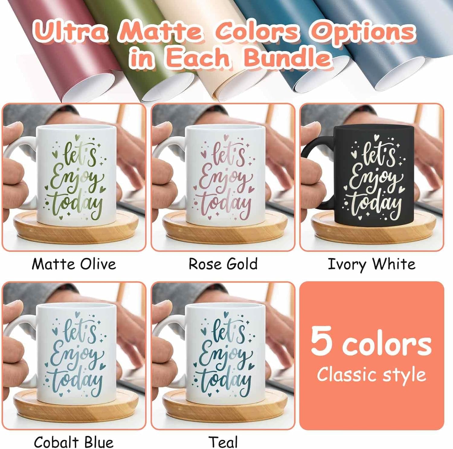 Permanent Adhesive Vinyl Bundle for Crafting Cutter 12" X 36"/Rolls (Matte Olive,Rose Gold,Ivory White,Cobalt Blue,Teal)