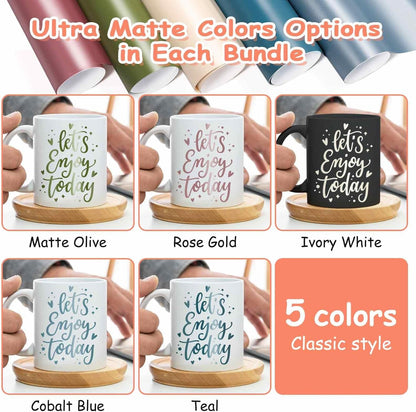 Permanent Adhesive Vinyl Bundle for Crafting Cutter 12" X 36"/Rolls (Matte Olive,Rose Gold,Ivory White,Cobalt Blue,Teal)