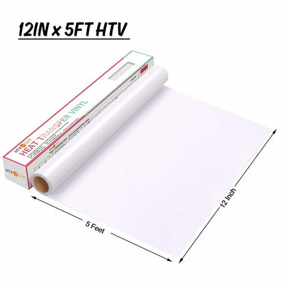 White HTV Vinyl White Heat Transfer Vinyl Roll - 12In X5Ft PU Vinyl HTV Iron on Vinyl Easy to Cut & Weed for Heat Vinyl Design (White)