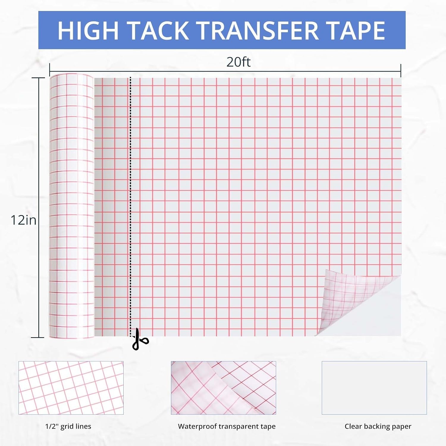Transfer Tape for Vinyl - 12" X 20 FT Red Alignment Grid Clear Transfer Paper for Vinyl for Self Adhesive Vinyl - High Tack Transfer Tape for Signs Stickers Decals Walls Doors