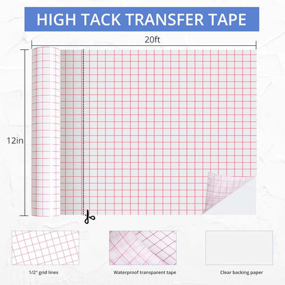 Transfer Tape for Vinyl - 12" X 20 FT Red Alignment Grid Clear Transfer Paper for Vinyl for Self Adhesive Vinyl - High Tack Transfer Tape for Signs Stickers Decals Walls Doors