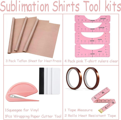 Sublimation Shirts Tool Kits (Pink) - 4 T Shirt Rulers, 3Pack Teflon Sheet for Heat Press 12 X 16In - 2 Rolls Heat Resistant Tape,1 Tape Measure,1Squeegee for Vinyl