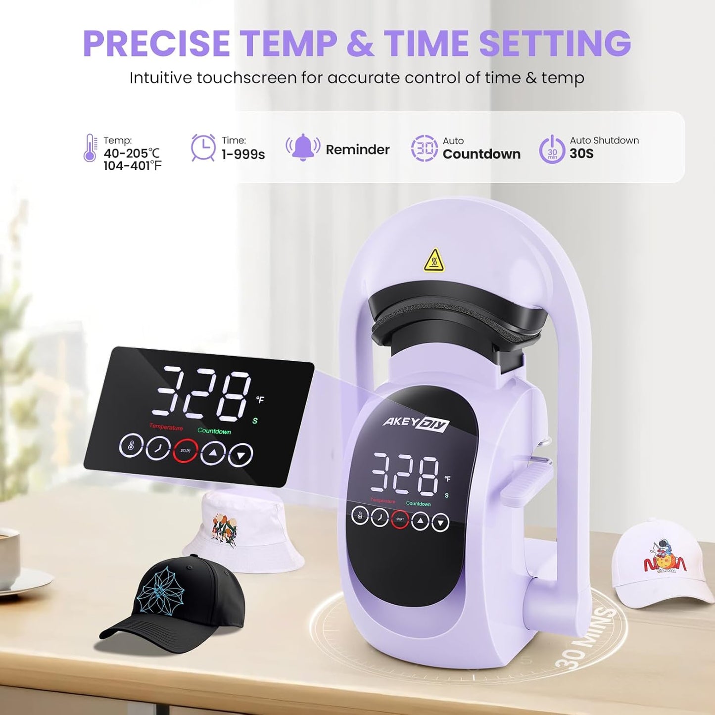 AKEYDIY 3-In-1 Auto Cap Heat Press Machine, Hat Heat Press with 3Pcs Replaceable Heating Pads, Automatic Release&Press Large Touchscreen Digital Control Panel, DIY Sublimation Caps T-Shirts Bags