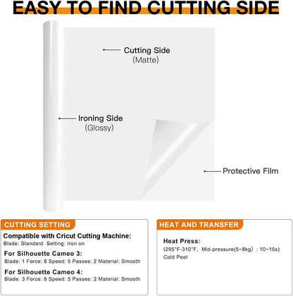 HTVRONT HTV Roll Heat Transfer Vinyl - 12" X 8Ft White HTV Vinyl for Shirts, Iron on Vinyl for All Cutting Machine - Easy to Cut & Weed for Heat Transfer Design (White)