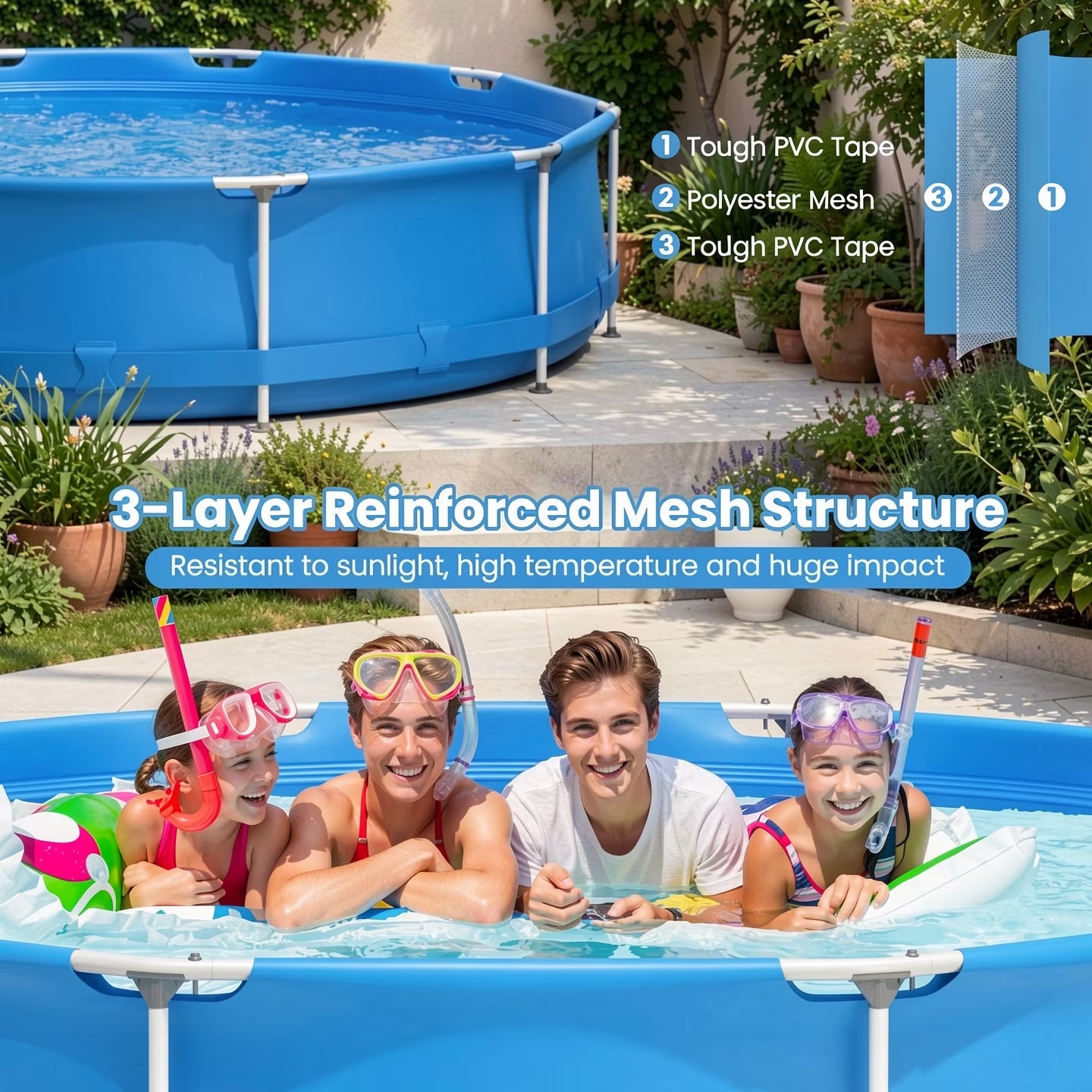 12Ft X 30In round above Ground Swimming Pool with Iron Frame & Pool Cover, 3-Layer PVC Mesh, Blue