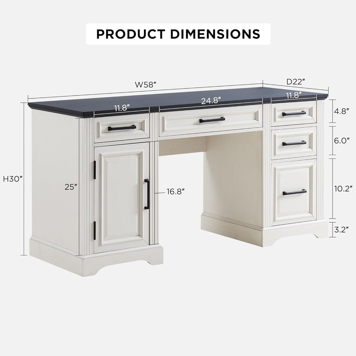 Farmhouse Wood 58" Executive Desk, Home Office 30" High Computer Desk with Drawers and Storage Cabinet, White